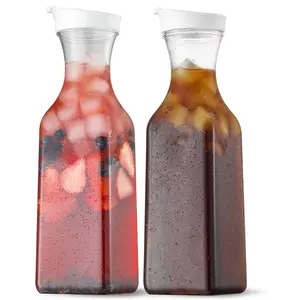 Plastic 50 Oz Water Carafe with Flip Top Lid, Square Base Juice Containers, Clear Plastic Pitcher - for Water, Iced Tea, Juice, Beverage, Cold Brew and Mimosa Bar