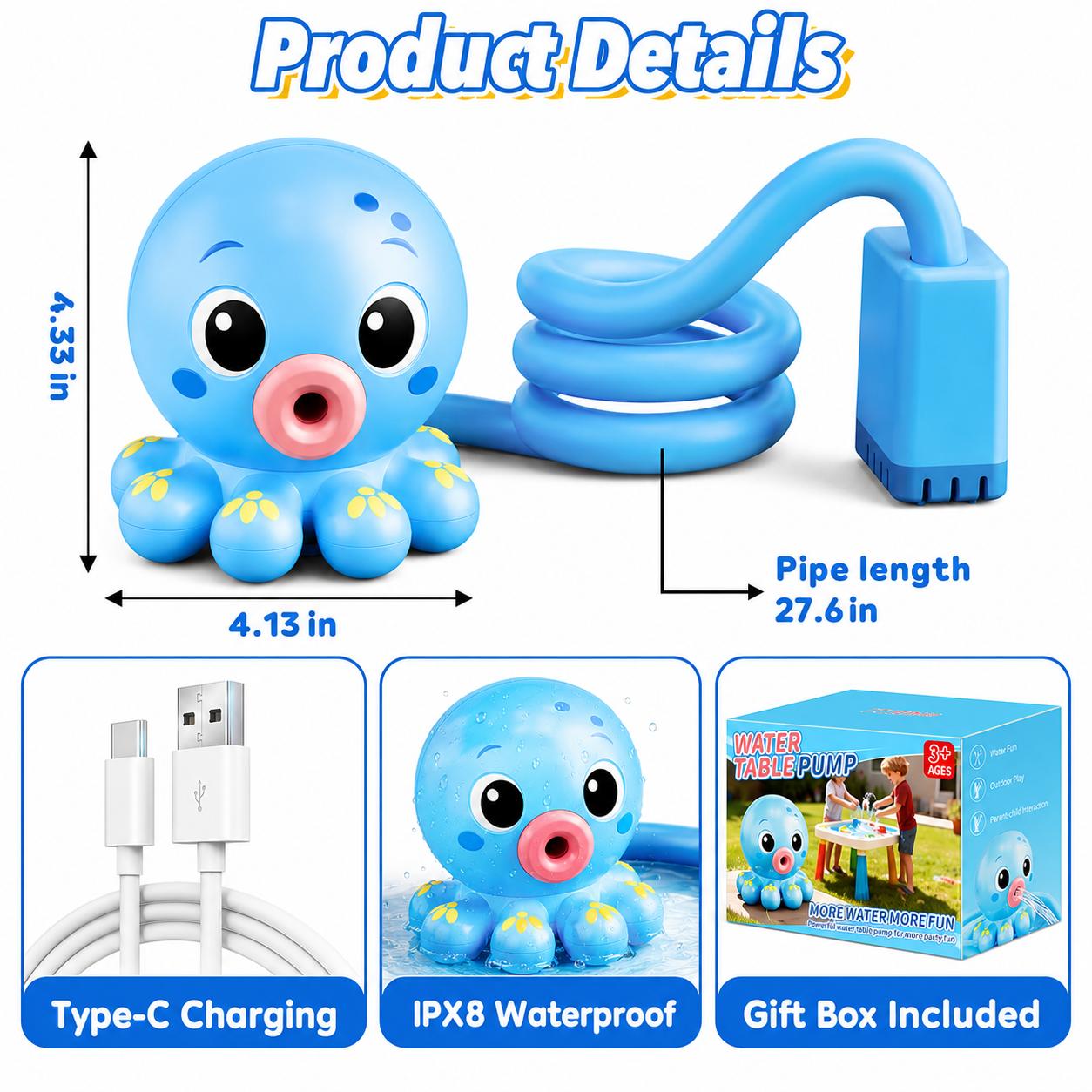 Octopus Water Pump for Step2 Water Table — Fits Rain Showers, Unicorn & Most Brands | 6L/Min Strong Flow, 3-Hour Rechargeable Battery | No-Drill 60s Install, Ultra Quiet 45dB | Toddler Outdoor Water Play Toy Accessories (Pump Only) Blue