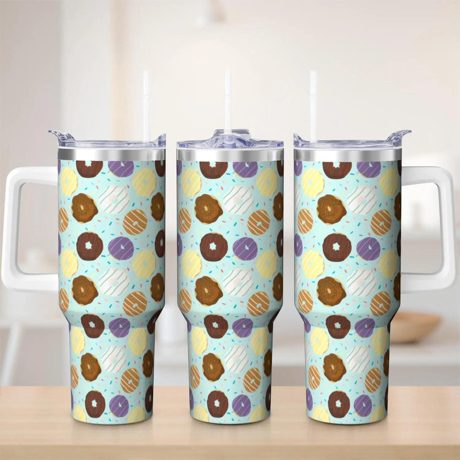 LHIEIAYH 40oz Classic Donut Print Stainless Steel Insulated Tumbler Mug - Mint Green, Portable, Leak-Proof, 7-12hr Hot/Cold Retention, Daily Commutes Flask with Bonus Straw Set (Ideal for Stylish Practical Users)