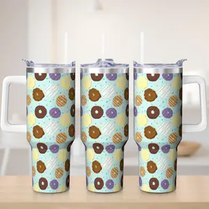LHIEIAYH 40oz Stainless Steel Print Donut Design Insulated Tumbler - Mint Green, Portable, Leak-Proof, Hot/Cold Retention, Ideal for Commuting, Includes Bonus Straw Set