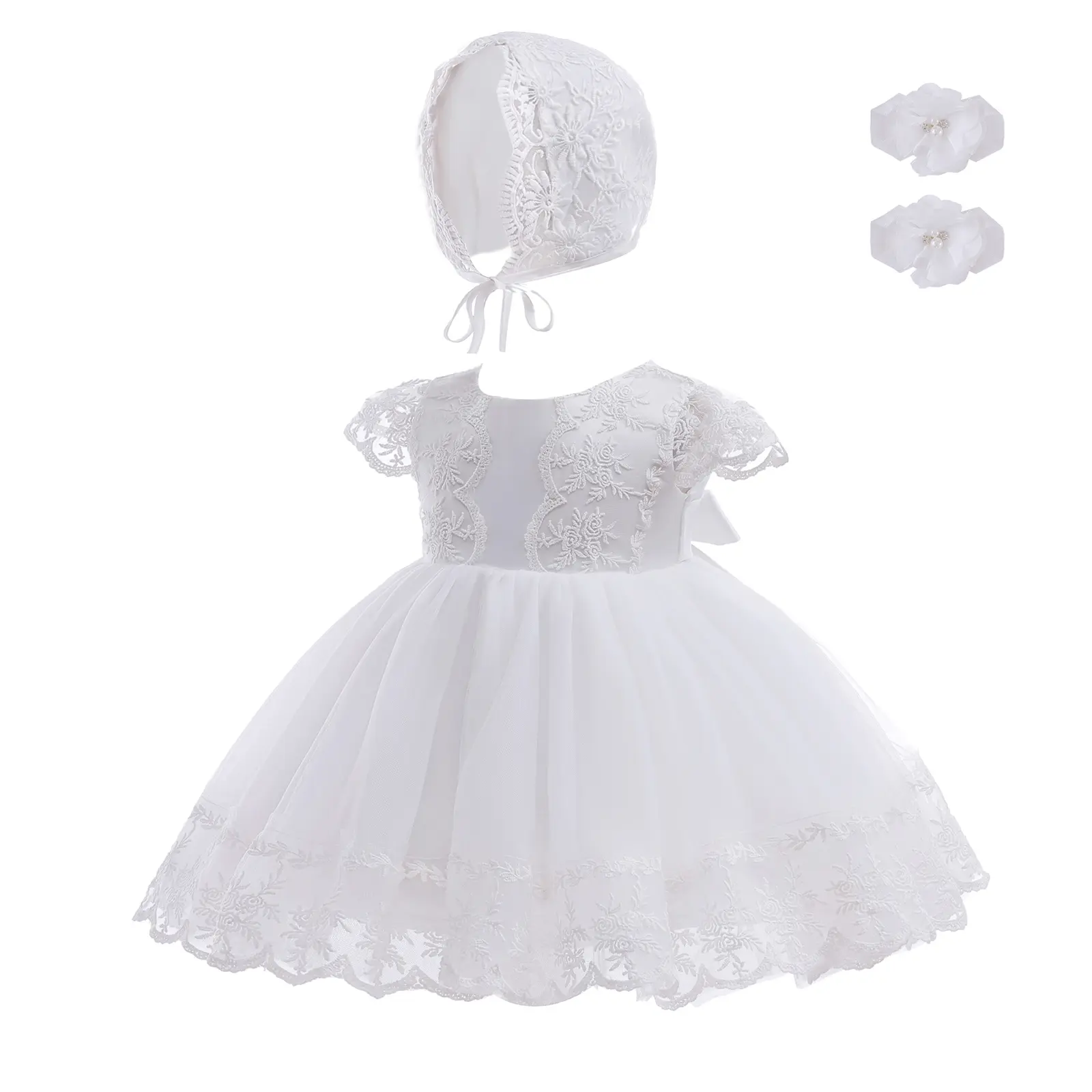 Baby Girl Christening Dress 3Pcs Set White Lace Baptism Gown with Bonnet & Foot Flowers Toddler Short Puffy Tulle Formal Party Dress Elegant Princess