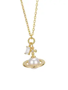 Minimalist Pearl Planet Necklace | Crystal-Encrusted Saturn Ring & Cross Iris Pendant | Versatile Jewelry for Daily Wear