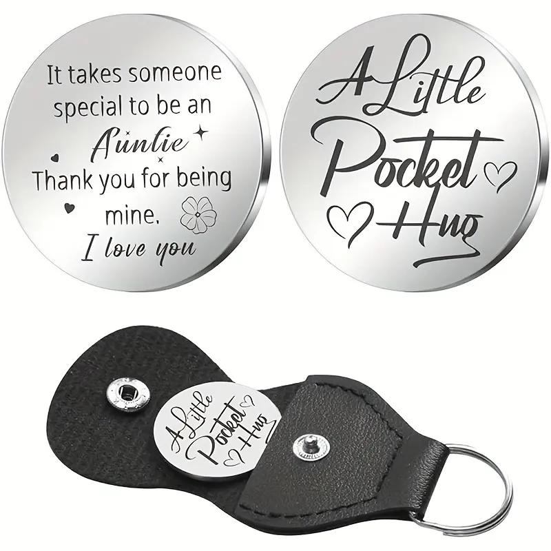 Stainless Steel Round Keychain with Little Pocket Hug Engraving, Women's Letter Theme Accessory, Perfect Aunt Birthday Gift