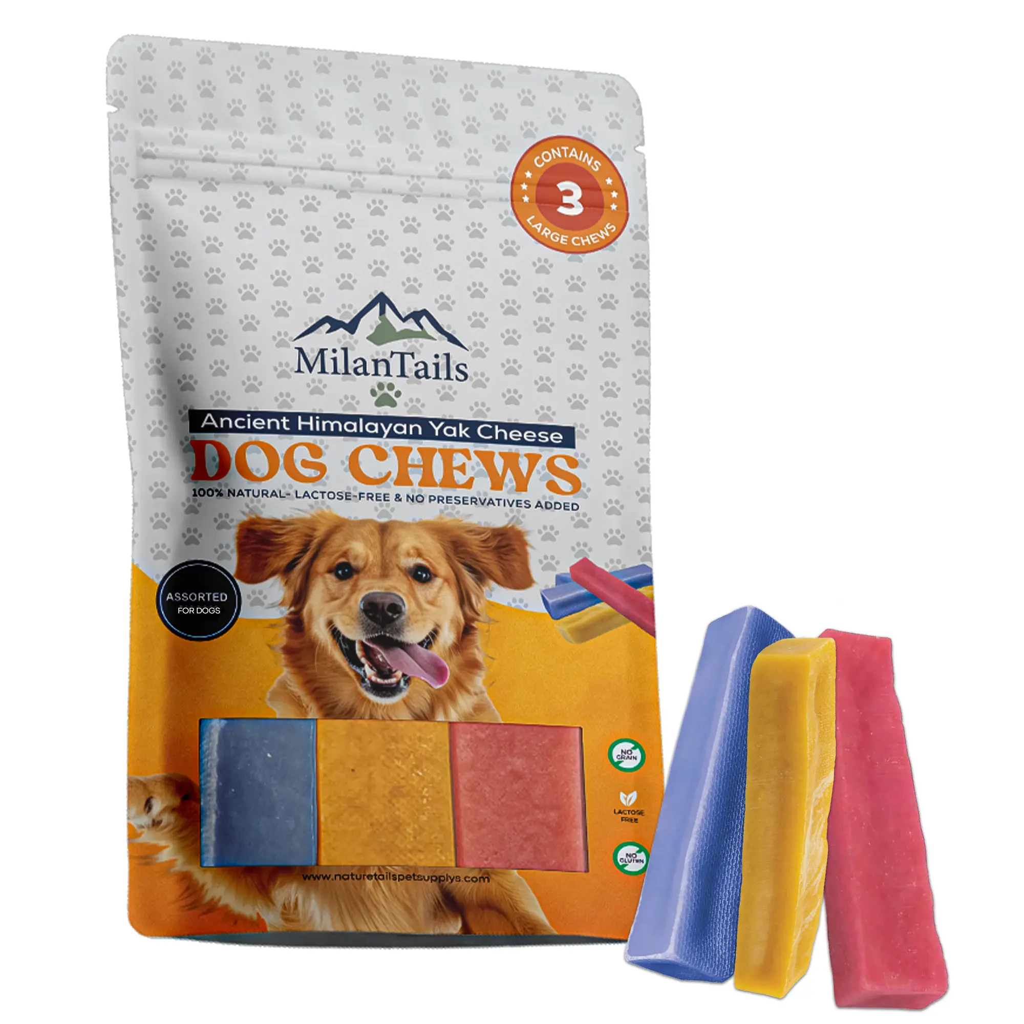 MilanTails Premium Gold Himalayan Yak Cheese Dog Chews - Large, All-Natural, High-Protein, Rawhide-Free Dental Sticks for Aggressive Chewers (Assorted)