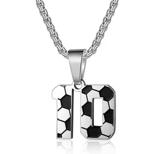Soccer Number Necklace for Men Soccer Charm Pendant Stainless Steel Silver Chain 22+2 inch Personalized Soccer Gift for Men Women