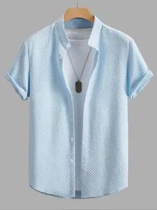 Men's Textured Button Front Shirt without Tee & Necklace, Casual Short Sleeve Top for Summer, Fashion Men's Clothes for Daily Wear