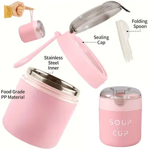 SOUP CUP 18Oz Stainless Steel Mini Breakfast Cup Insulated Lunch Box with Foldable Spoon Portable Large Mouth Jar for Overnight Oatmeal Compact Milkshake Cup for Hot Cold Milk Soup Reusable Round Metal Mug with Flip Top Lid Drinkware Bottled