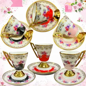 2pcs/set Elegant Floral Gold Rim Coffee Cup Set, Ceramic Tea Cups for Breakfast, Cappuccino, Latte, Christmas Gift, Home Decor, Wedding, Restaurant, Ceramic Matcha Set