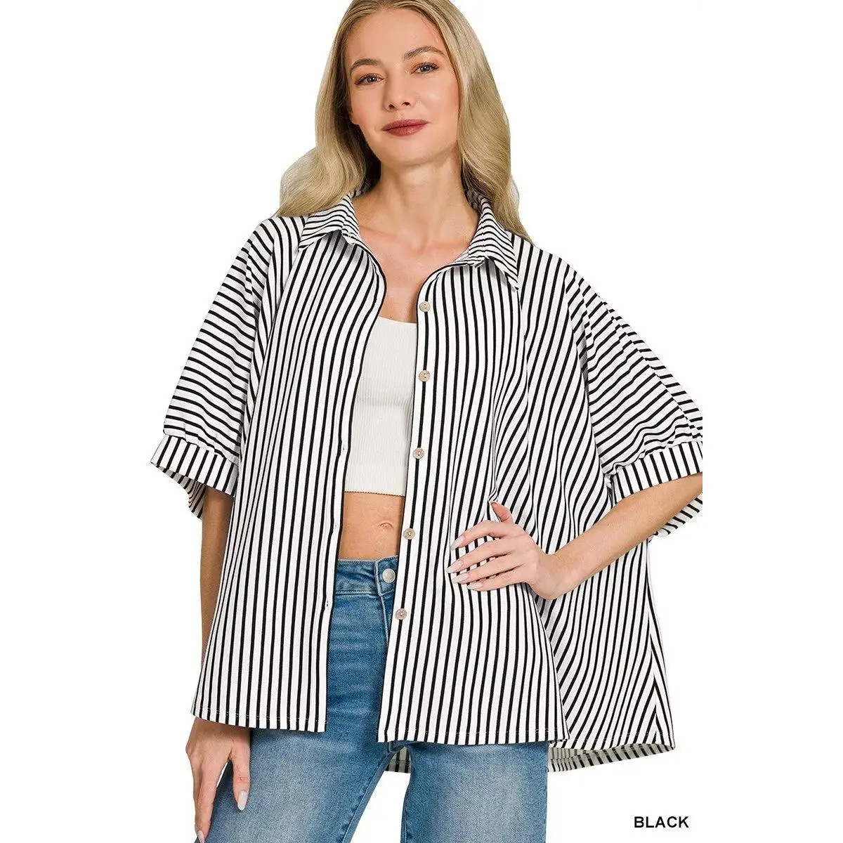 Zenana Oversized Stripe Button Down Shirt