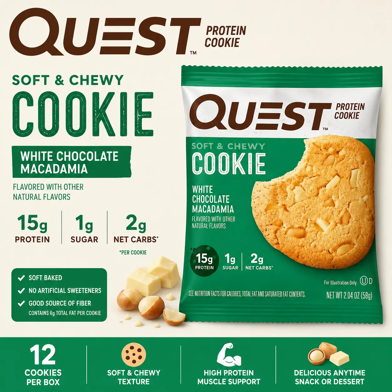 Quest Protein Cookie White Chocolate Macadamia Nut 2.04 oz 12 Count Soft Baked High Protein Cookies
