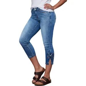 Flamingals Wash Bow Decor Split Side Mid Rise Capri Skinny Jeans Stretchy 21.7'' Inseam
