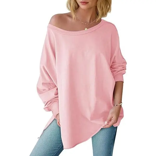 Tankaneo Womens Oversized Off The Shoulder Tops Long Sleeve Trendy Casual T-Shirts Side Slit Loose Fit Tunic Shirts
