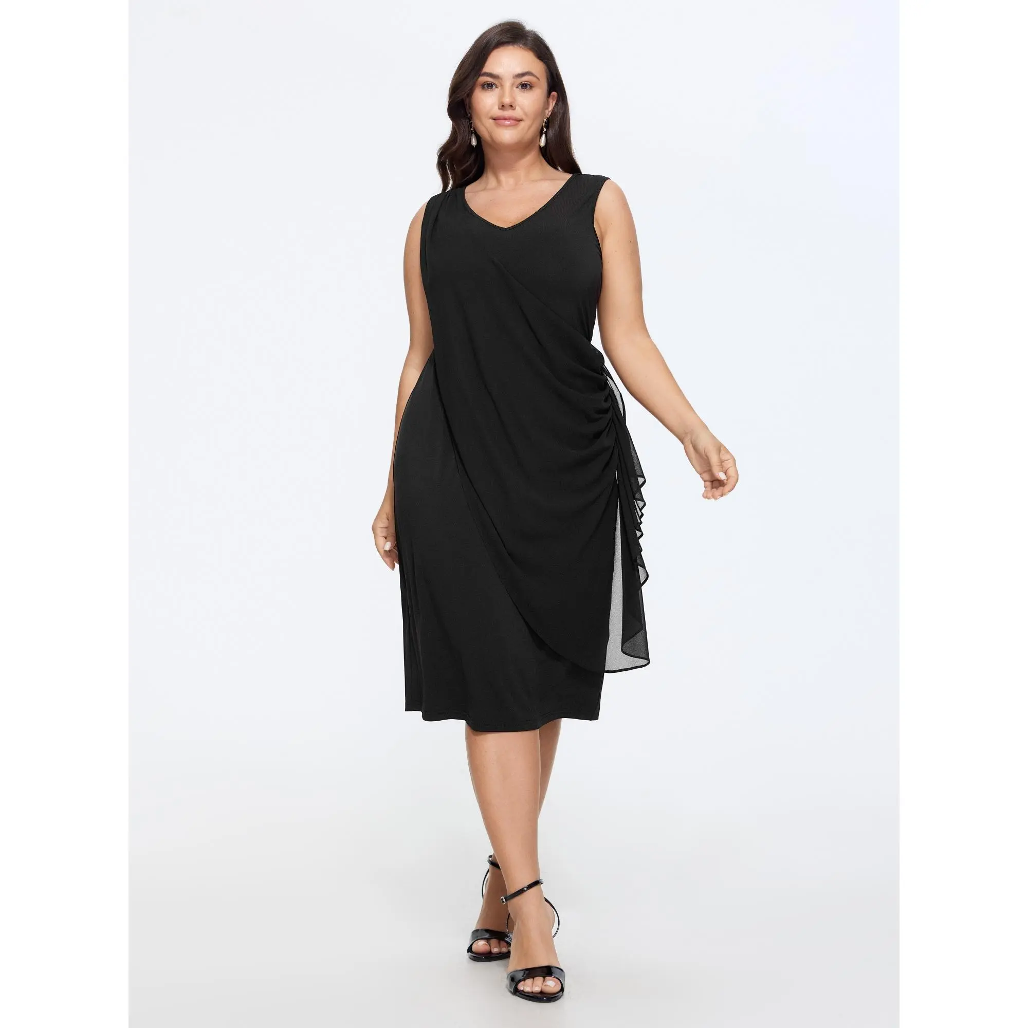 BloomChic Women's Plus Size Fit Romantic Sleeveless Solid Polyester Bodycon Midi Dress with Tiered Ruffles, Ruched Mesh Detail, Smooth Fabric for Casual Wear
