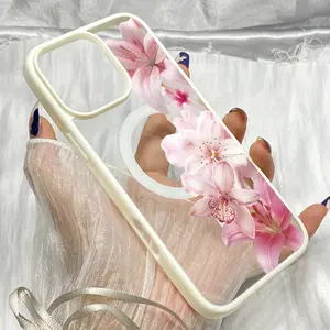M35 Flower Pink Lily Transparent Case for iPhone 17 16 15 14 13 11 12 Pro Max Plus 17 Air Compatible with MagSafe Magnetic Wireless Charge Hard Phone Cover Protector