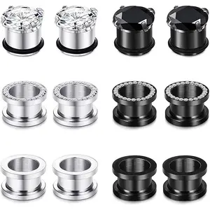 12pcs Gorgeous Cubic Zirconia Tunnels 316L Stainless Steel Ear Gauges Earring Plugs for Ears Screw Fit Body Piercing Jewelry 4g-3/4