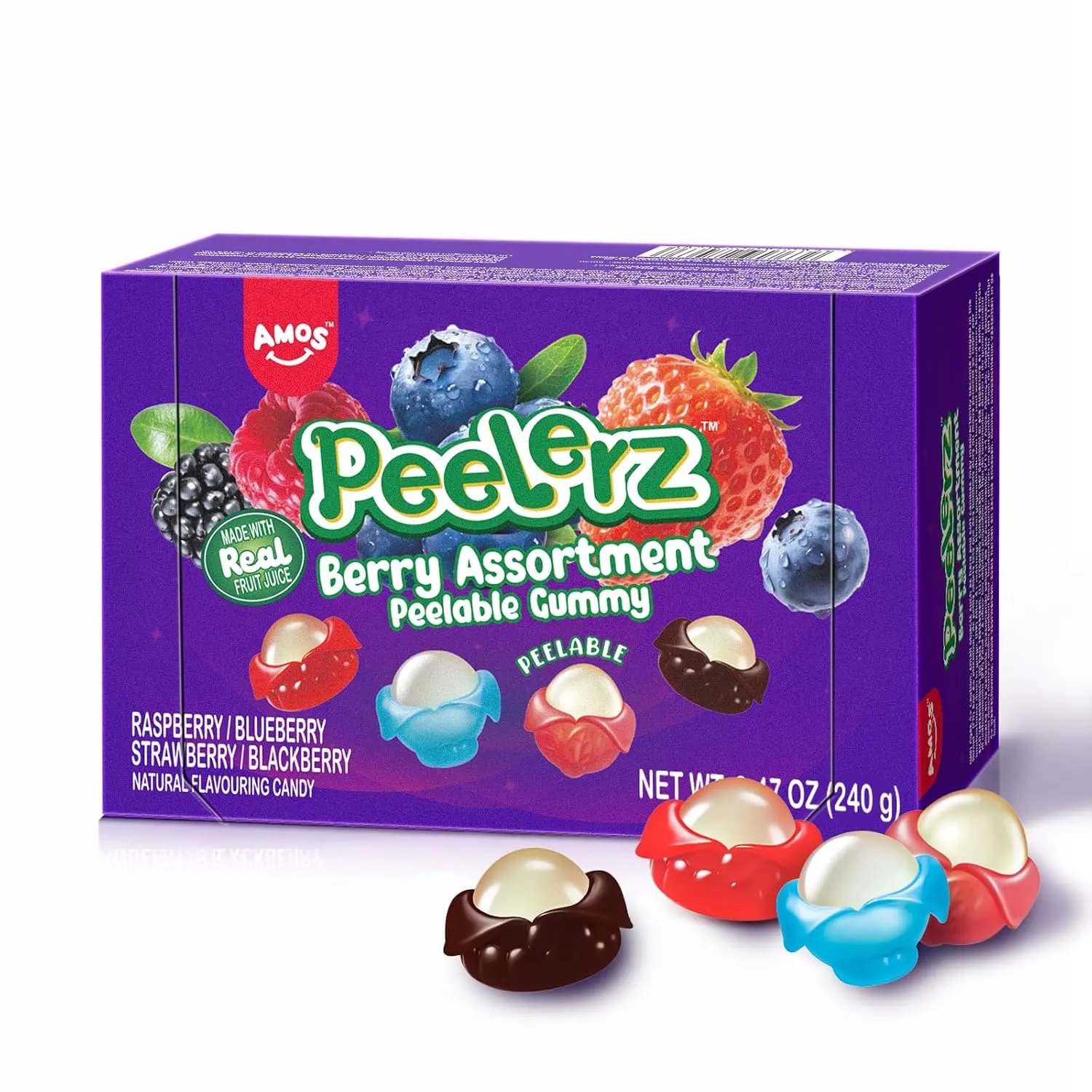 AMOS Peelerz Berry Assortment Gummy Candy 240g | Peelable Fruit-Shaped Gummies Made with Real Fruit Juice | Fun Peeling Snack for Kids & Adults | Peelerz Assorted Gummy Berry Mix