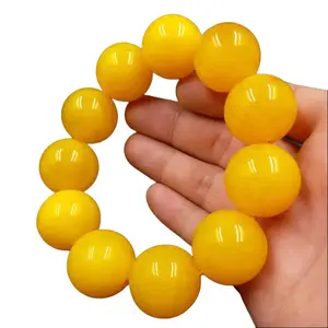 Yellow Beeswax Barrel Beads Round Jade Bracelet - Men's Adjustable Fashion Costume Jewelry Accessory, Couple Set