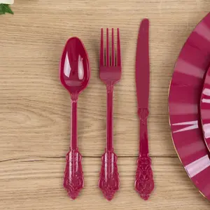 72 Pcs Plastic Silverware Set Burgundy in Baroque Style - Heavy Duty Disposable Knife, Fork, and Spoon Set