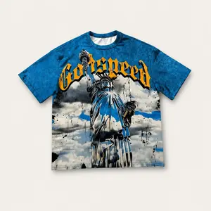 GODSPEED Men's Graphic T Shirt, Cotton Short Sleeve Crew Neck Tee, Vintage Washed Y2K Streetwear Shirt, New York Statue Skyscraper Print, Oversized Unisex Summer Top