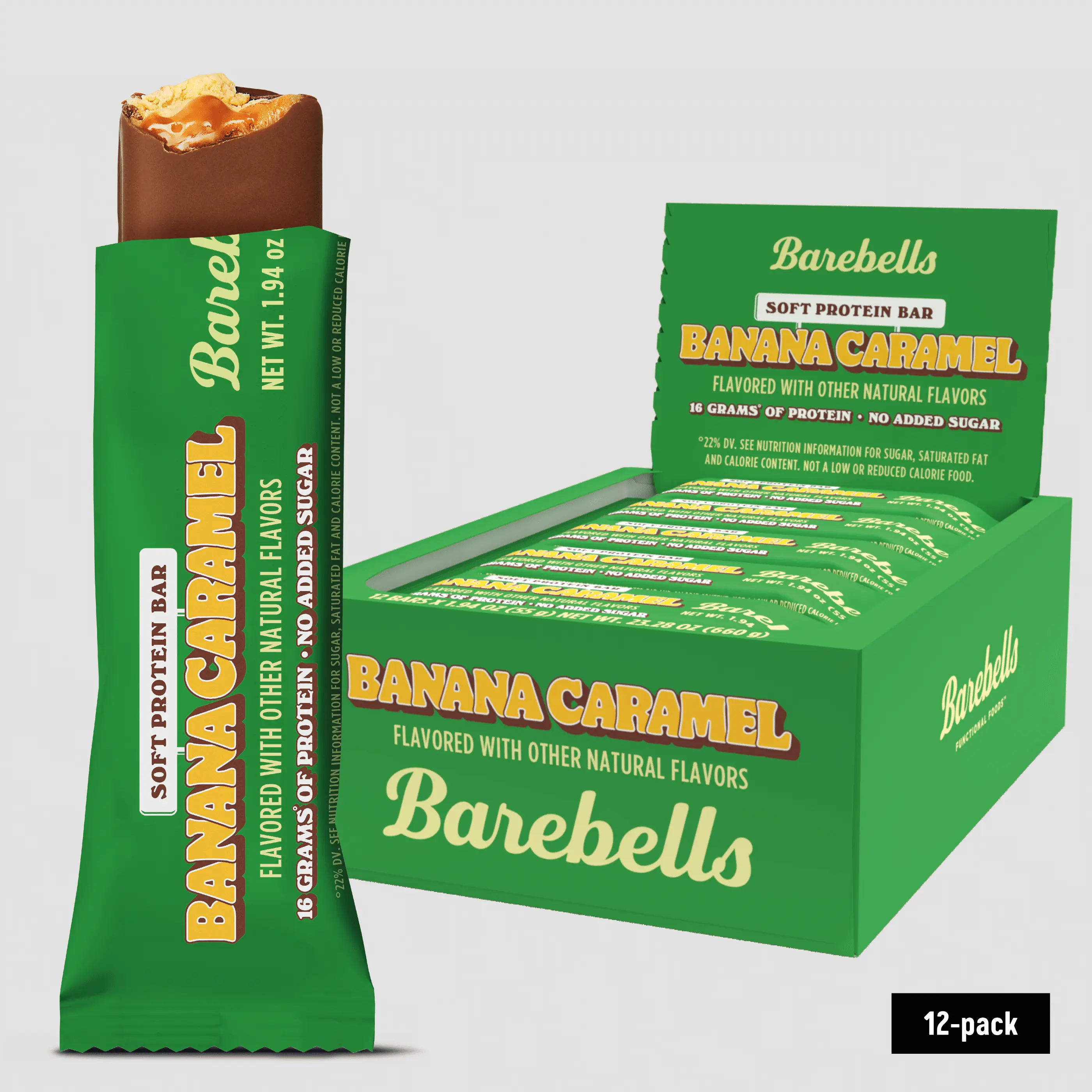 Barebells Banana Caramel Soft Protein Bar, No Added Sugar, 16 grams of High Protein, 12 Count Barebells Banana Caramel Soft Protein Bar, No Added Sugar, 16 grams of High Protein, 12 Count