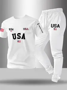 Men's Usa Letter Flag Print Set, Spring Summer Knitted Stretch Round Neck T-Shirt + Drawstring Casual Sport Pants, Outdoor Leisure 2-Piece Set, Athletic Tracksuit Set, Streetwear Tracksuit Set