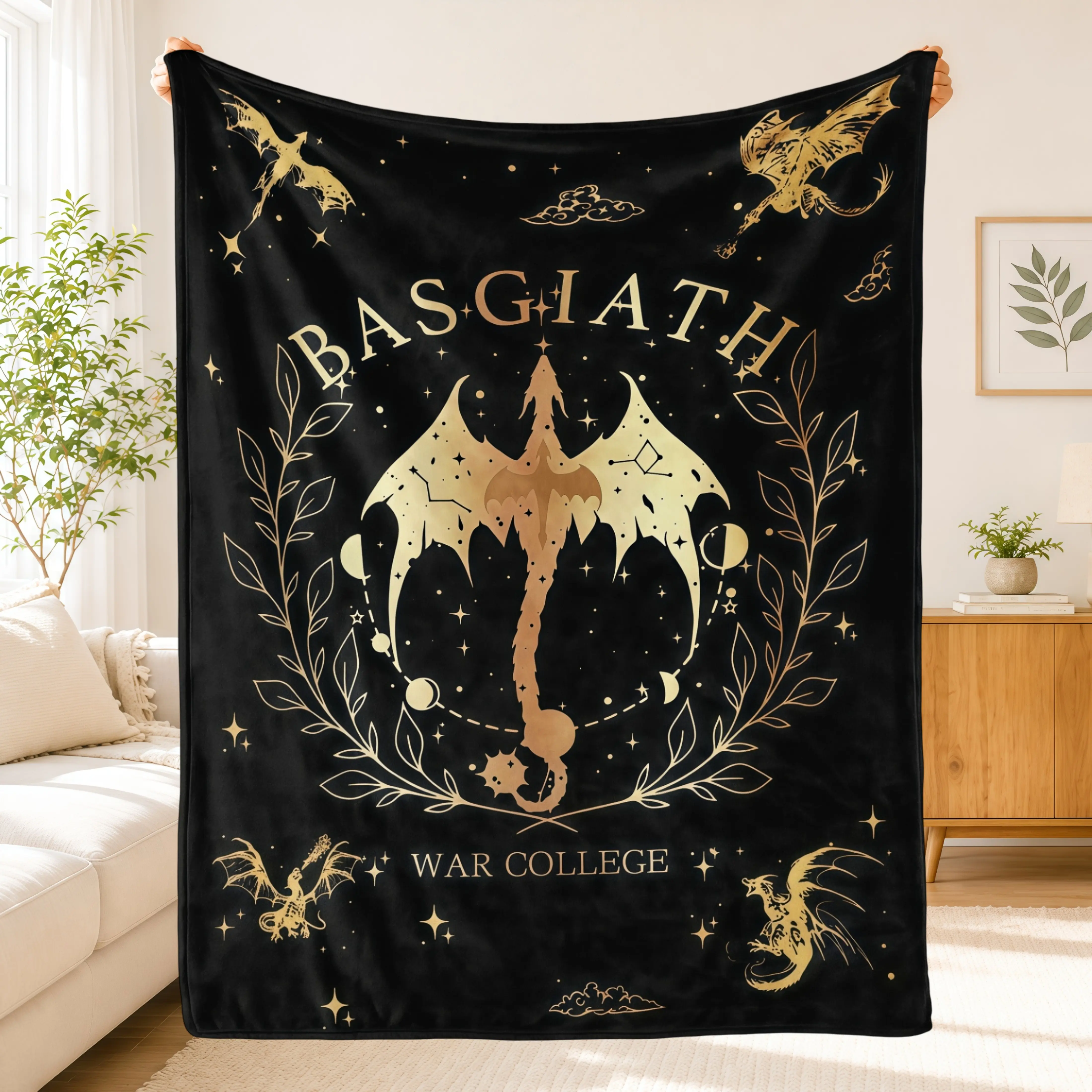 Black Gold Fantasy Whimsical Dragon Blanket,Soft Lightweight Flannel Throw Blanket,Dark Academia Room Decor,Cozy Book Lover Reading Blanket for Bed Couch Sofa,Gift for Dragon Fans
