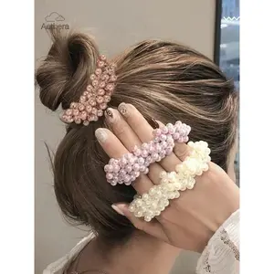 Cute Faux Pearl Decorated Hair Scrunchie Set, 3pcs High Stretch Hair Ties for Women & Girls, Minimalist Headwear for Thick Hair, Ponytail Hairstyle