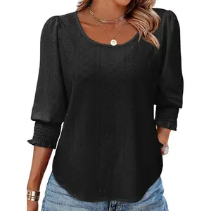 Aoyksy Womens 3/4 Length Sleeve Ladies Tops and Blouses Casual Eyelet Top Crewneck Dressy Shirts with Smocked Cuffs 2026,summervibes
