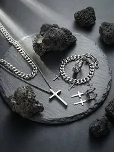 Men's Cross Pendant Cuban Chain Set Necklace, Silver Color Stainless Steel, Father's Day Mother's Day Gift