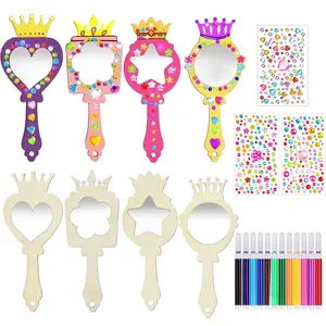 4/12 Piece Unfinished Crown Mirror Set, Wooden Handheld Mirrors with Tassels, DIY Crafts Kit, Includes Color Pens, Rhinestones, Tassels