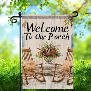 Double-sided Garden Flag Featuring Welcome to Our Porch Design with Rocking Chairs and Floral Arrangement for Charming Porch and Garden Decoration, 12 x 18 Inch Polyester Material, No Flagpole Included