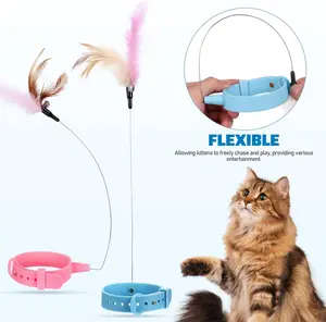 Durable Soft Silicone Cat Feather Wand Toy Adjustable Neck Collar Interactive Teaser Indoor Play Exercise Boredom Relief Kitten Chasing Training Pet Daily Play Supplies