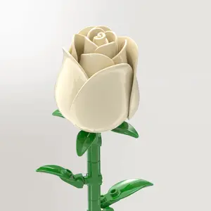 Off-White Rose Building Blocks Kit, Long Stem Artificial Flower Model, Romantic DIY Bouquet Gift for Valentine’s Day, Birthday & Anniversary, Ideal Home Office Bedroom Decor for Women & Adults