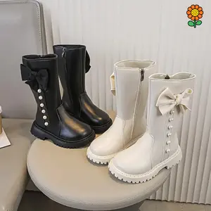 DZP-[Princess Long Boots] Princess Girls' Long Boots|     Autumn and Winter Youngsters' College Performance Medium-Size White Shoes Party Core Trainers Light Grey Pink Dual Buckle Riding Boots Genuine Leather Western Boots Anime Cosplay Boots