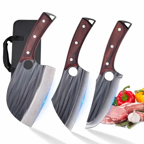 XNARLATH Forged Thick High Carbon Steel Full Tang Carving Knives Set Pack with Storage Bag - Kitchenware Butcher Cleaver, Serbian Cooking Knife, Viking Carve Tool for Outdoor BBQ Meat Processing