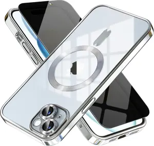 Magnetic for iPhone 14 Case with Privacy Screen Protector & Full Camera Cover,[Non-Yellowing] Shockproof Clear Phone Case Compatible with MagSafe Women Girls for iPhone 14,Silver