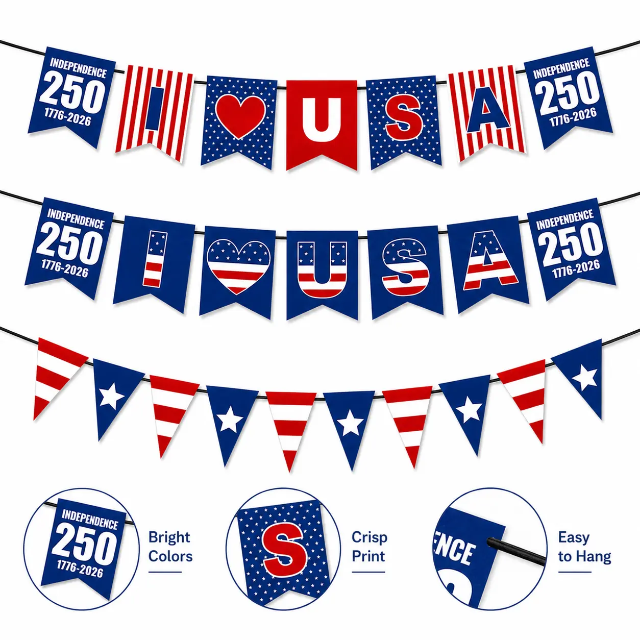 4th of July 2026 250th Anniversary Pennant Banner, USA Independence Day Bunting Flag. Patriotic Red White Blue Party Decoration for Home Yard Garden Parade Supplies