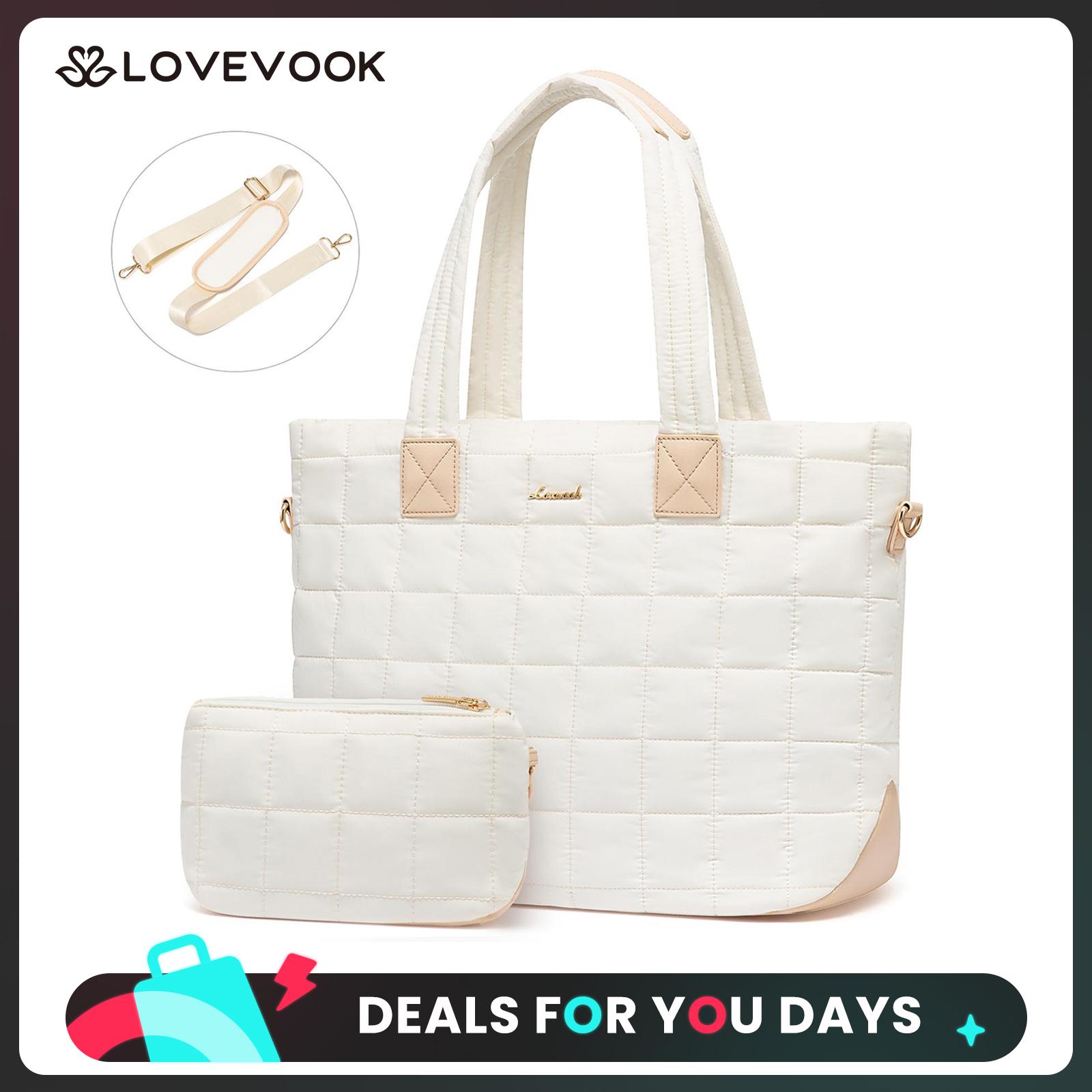 LOVEVOOK 17.3'' Puffer Laptop Tote Bag for Women,Large Work Bag,Lightweight Quilted Travel Bags for College, Work, and Everyday Use, Nylon Tote Bags with Clutch Purse,Quilted Laptop Tote with Clutch,DealsForYouDays