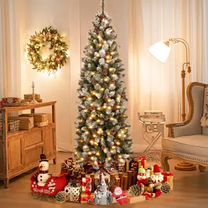 Pre-lit Christmas Tree with Lights, 6ft Pencil Artificial Xmas Tree with  Flocked & Spraying Process, 250 Warm LED, 37 Pine Cones, 595 Branch Tips Included PVC Leaves & Pine Needles