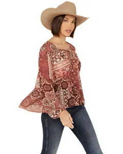 Shyanne Women's Printed Chiffon Long Sleeve Peasant Top - Swsp24w61-Rucop