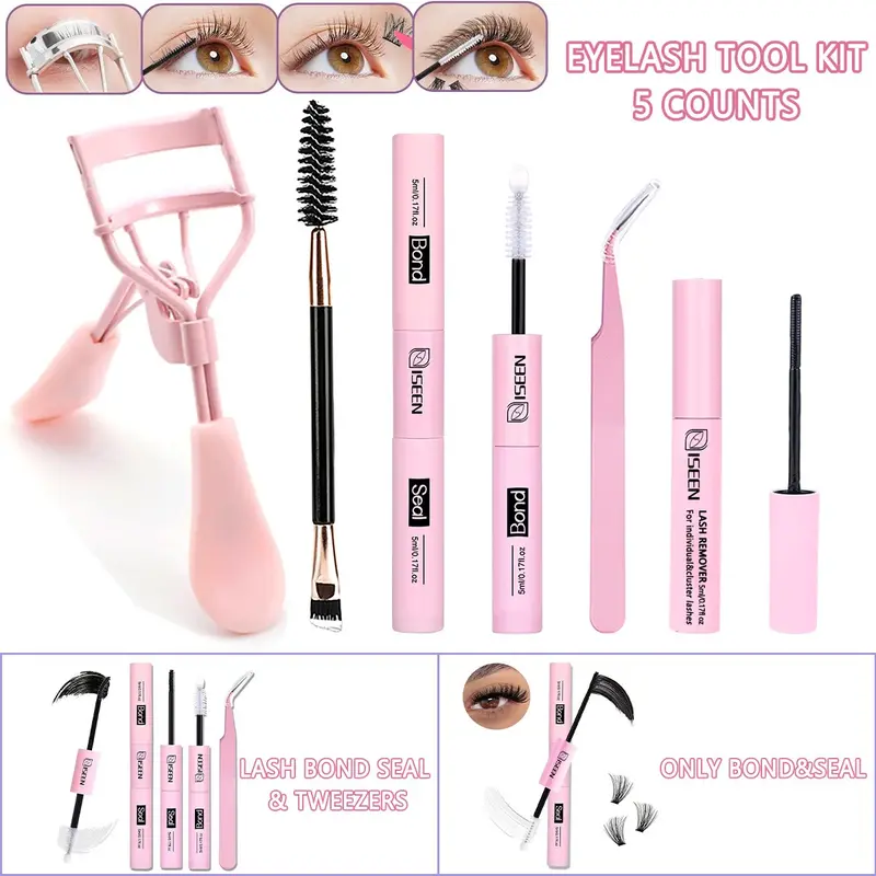 Eyelash Extension Tool Kit, Eyelash Bonding Tools, Including Eyelash Bond and Seal, Remover, Curler, Brush & Tweezers for DIY Lash Application, Eye Makeup Tools, Compact Cosmetic Set