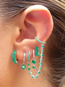 5Pcs Luxury 24K Gold Plated Cubic Zirconia Chain Hoop Earrings Set For Women Green Zircon Flowers Dangle Earring Pack  Cuff Earring Stack