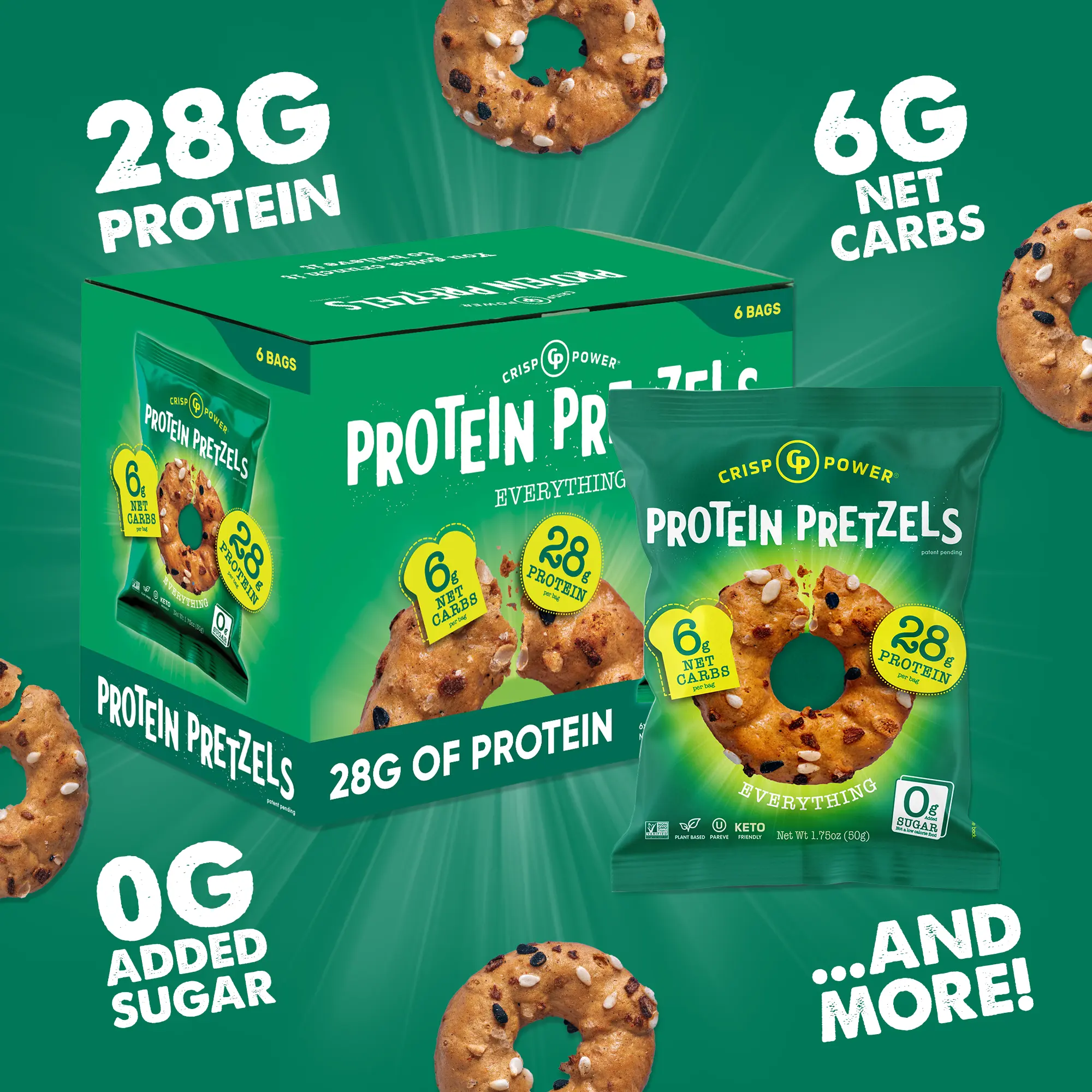 Crisp Power Protein Pretzels, Everything , High Protein Snack, 28G Protein, High Fiber Crunchy Pretzel Snacks, No Added Sugar, 1.75 oz Bags, 6 Pack, Vegan, Plant-Based, Keto