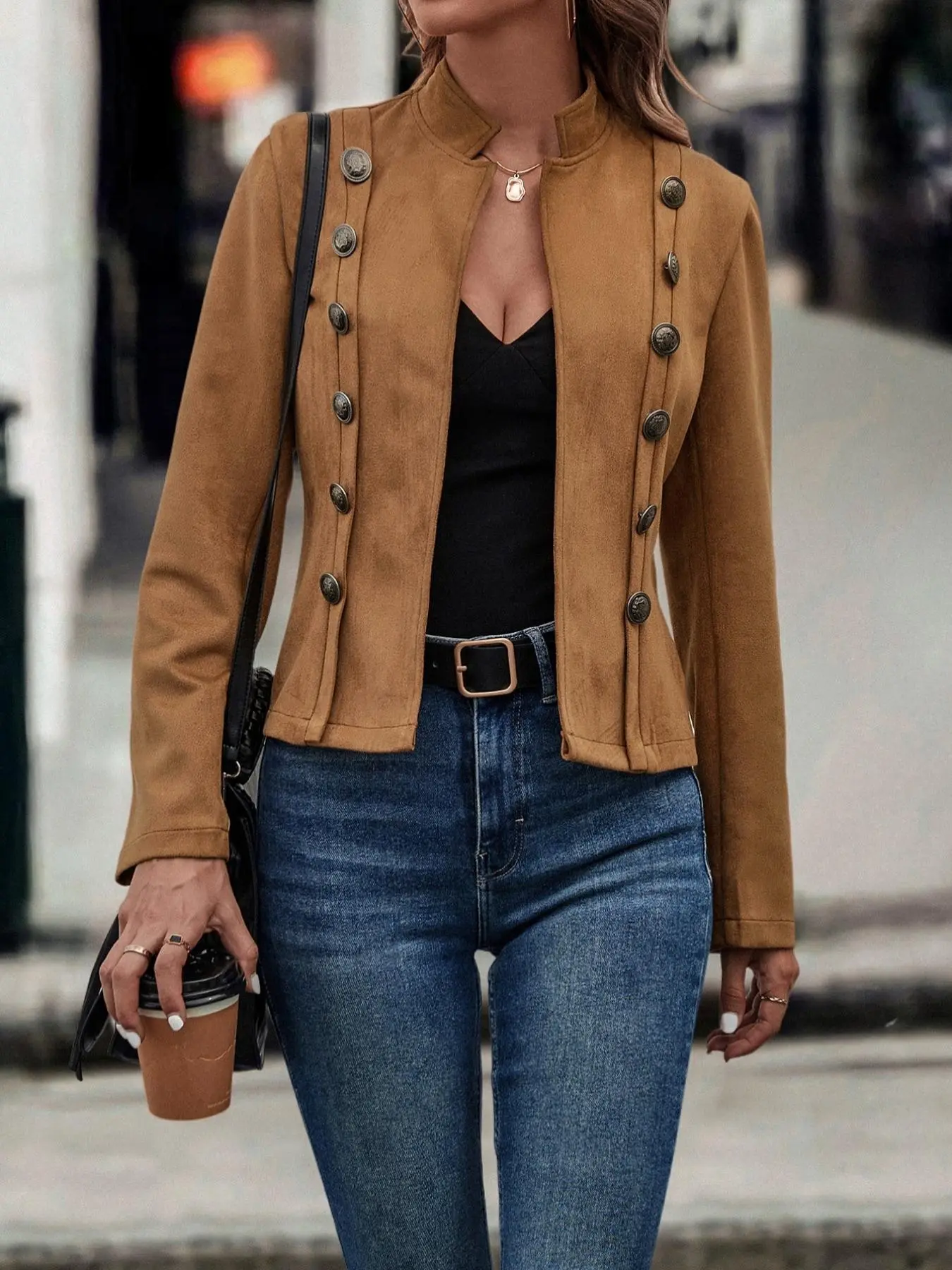 Women's Solid Color Double Button Suede Fitted Jacket Coats, Casual Chic Long Sleeve Stand Collar Outerwear for Fall & Winter, Ladies Clothes for Daily Wear Aesthetic