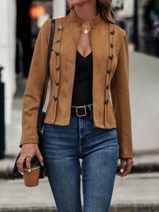 women's solid color double button suede jacket, casual long sleeve stand collar outerwear for autumn & winter, ladies clothes for daily wear