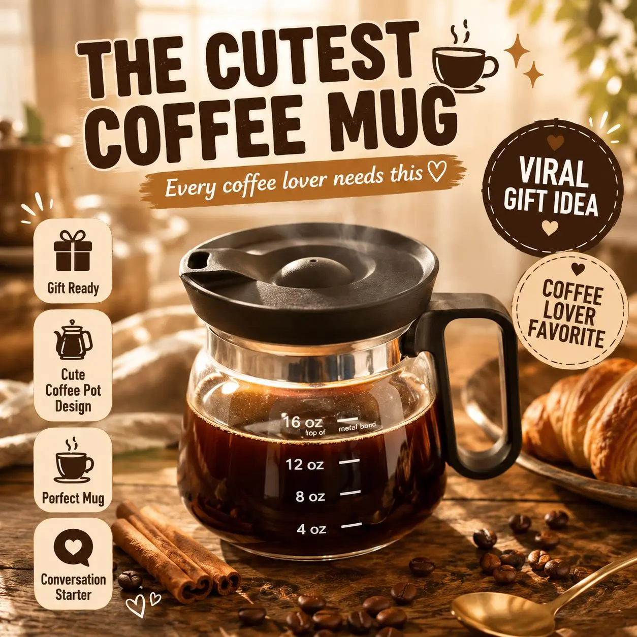 Perfect Life Ideas Glass Coffee Mug in Coffee Pot Shape with Lid  16oz  Reusable Clear Glass