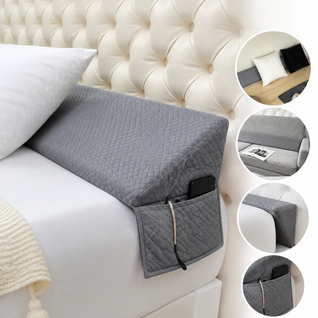 Bed Gap Filler Bed Wedge Pillow Between Mattress and Headboard High Density Foam Removable Washable Cover Side Pocket Supportive for Sleeping Reading Bedroom Headboard