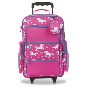 Lillian Vernon Rolling Luggage for Kids, 5-Pocket Unicorn Design Suitcase Set With Clip-On Pouch, Girls Travel Carrier on Wheels, 6"W x 15.5"L x 21"H Pink