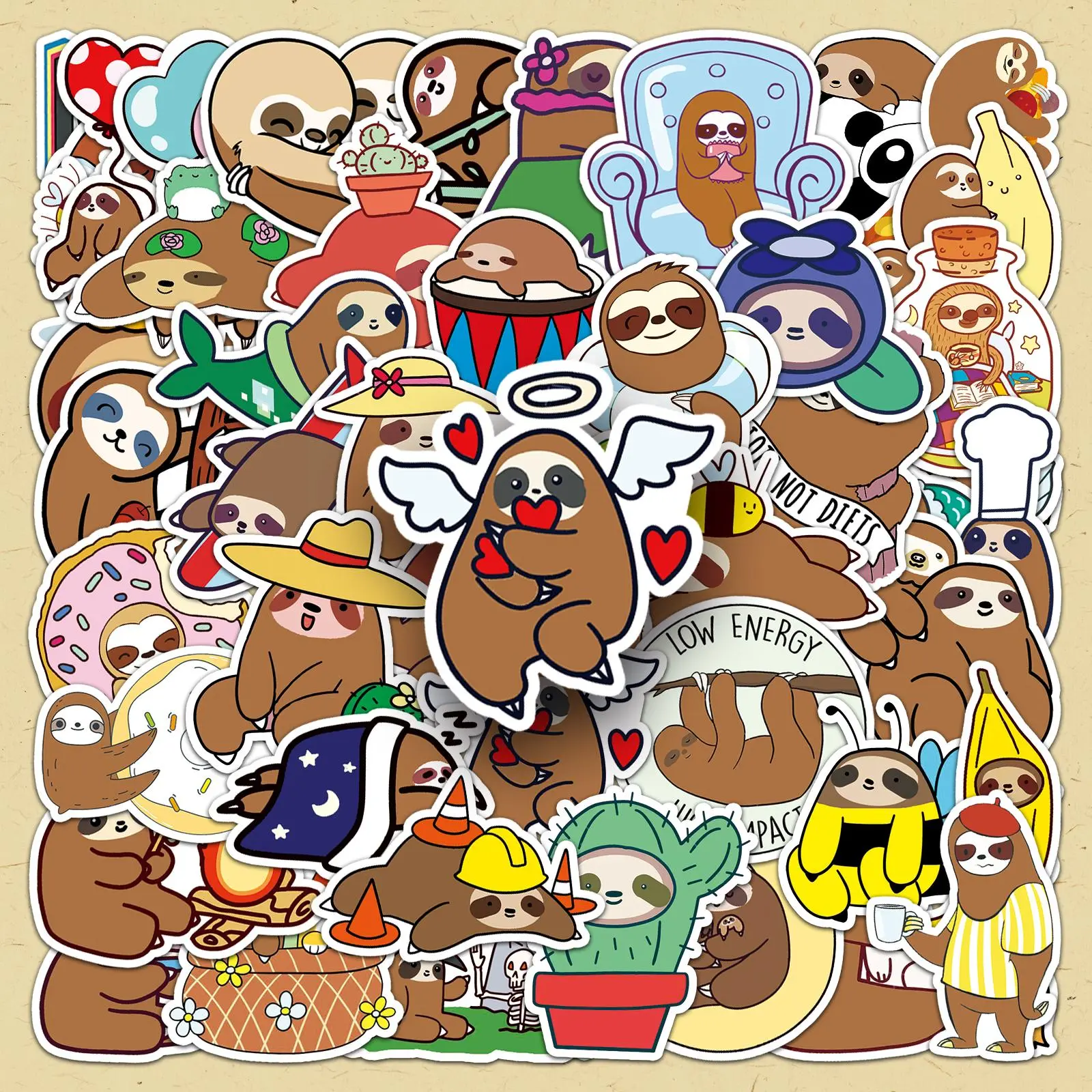 Sloth Pattern Sticker, 50pcs/set Cute Cartoon Sloth Sticker, DIY Decorative Sticker for Phone Case, Computer, Guitar, Bag, Water Cup, Scrapbook