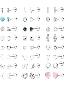 24 Pairs Tiny Flat Back Earrings for Women Men Hypoallergenic Stainless Steel Stud Earrings CZ Heart Star Moon Screw Back Earrings Small Cartilage Earring Set Multiple Piercing